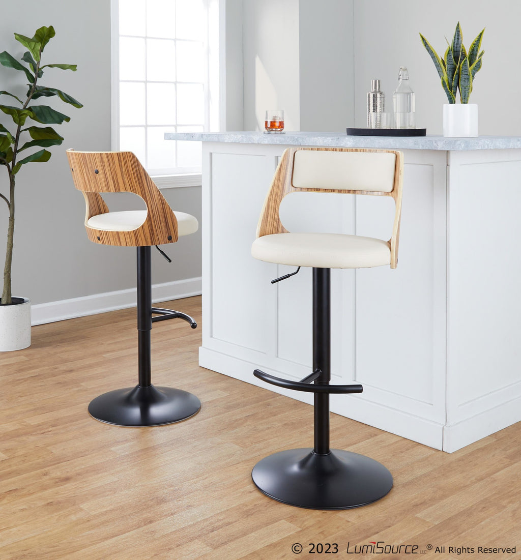 Cecina Adjustable Barstool - Set of 2 - Black Metal, Zebra Wood, Cream PU