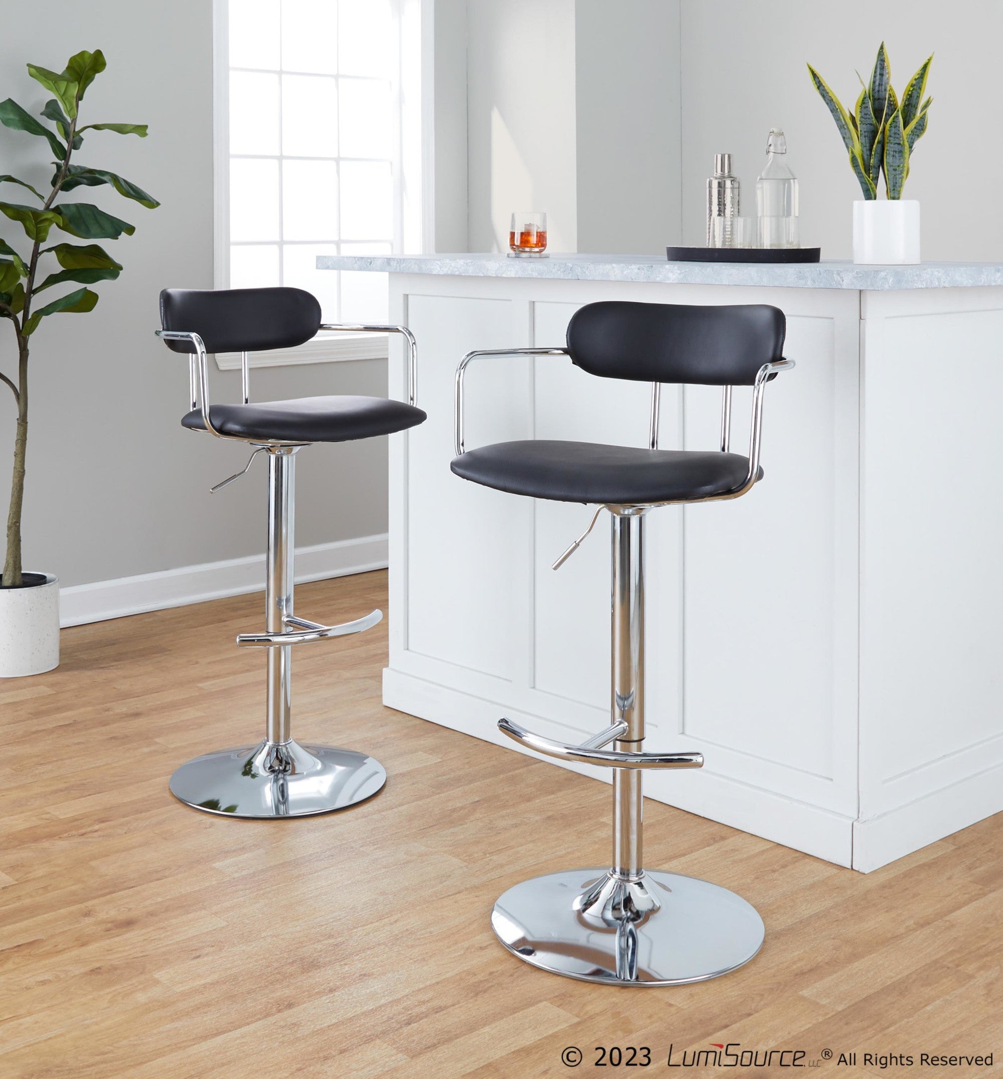Demi Adjustable Barstool - Set of 2 - Chrome Metal, Black PU