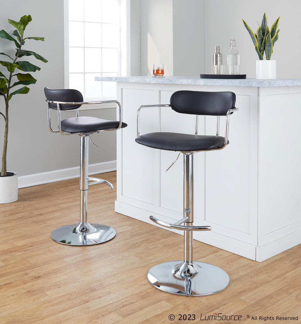 Demi Adjustable Barstool - Set of 2 - Chrome Metal, Black PU
