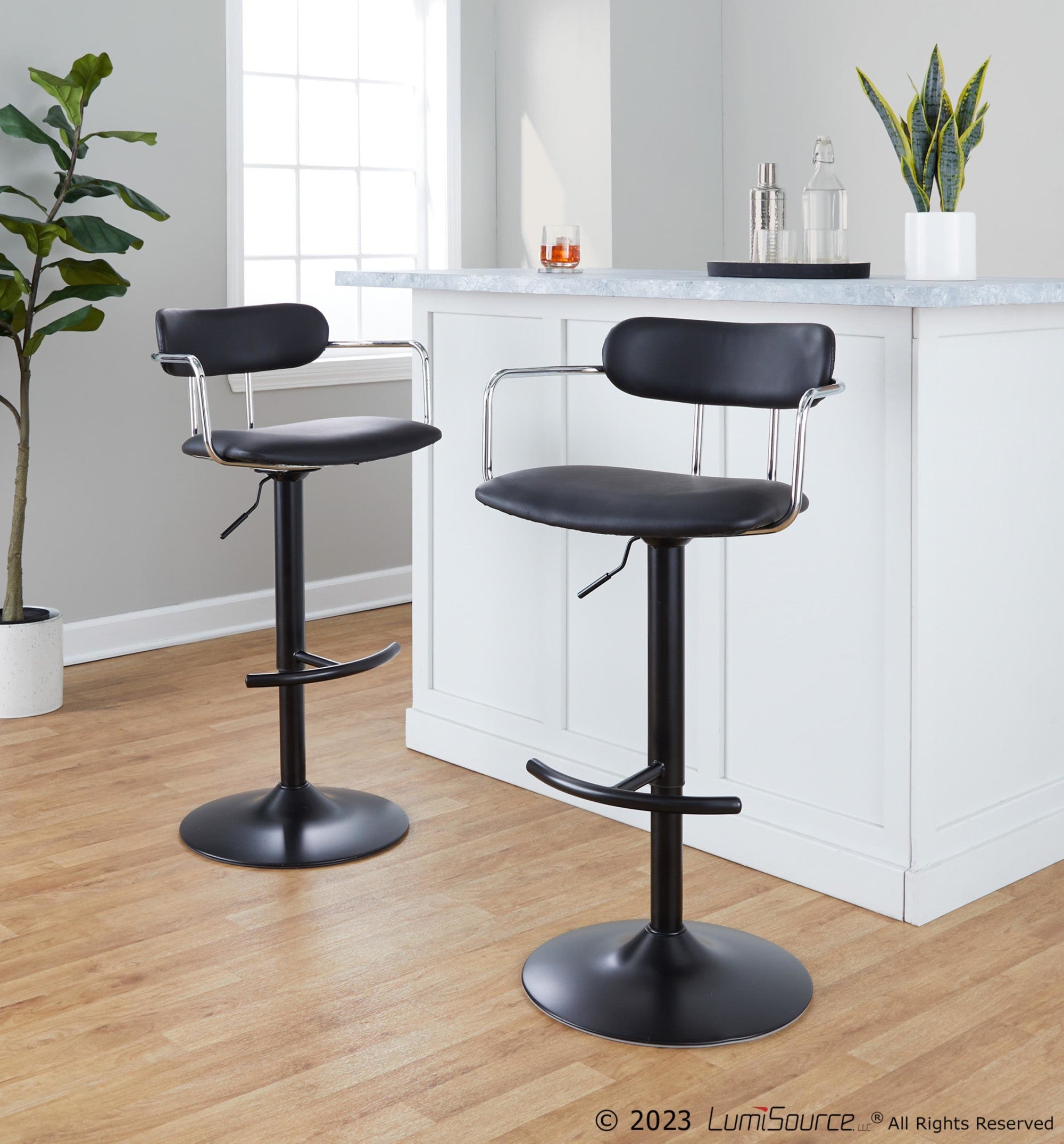 Demi Adjustable Barstool - Set of 2 - Black Metal, Chrome Metal, Black PU