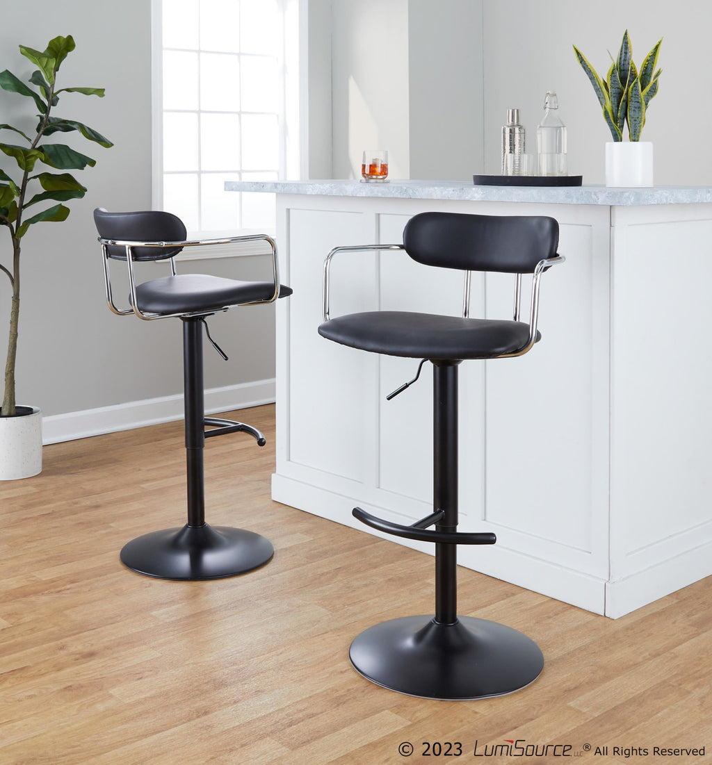 Demi Adjustable Barstool - Set of 2 - Black Metal, Chrome Metal, Black PU