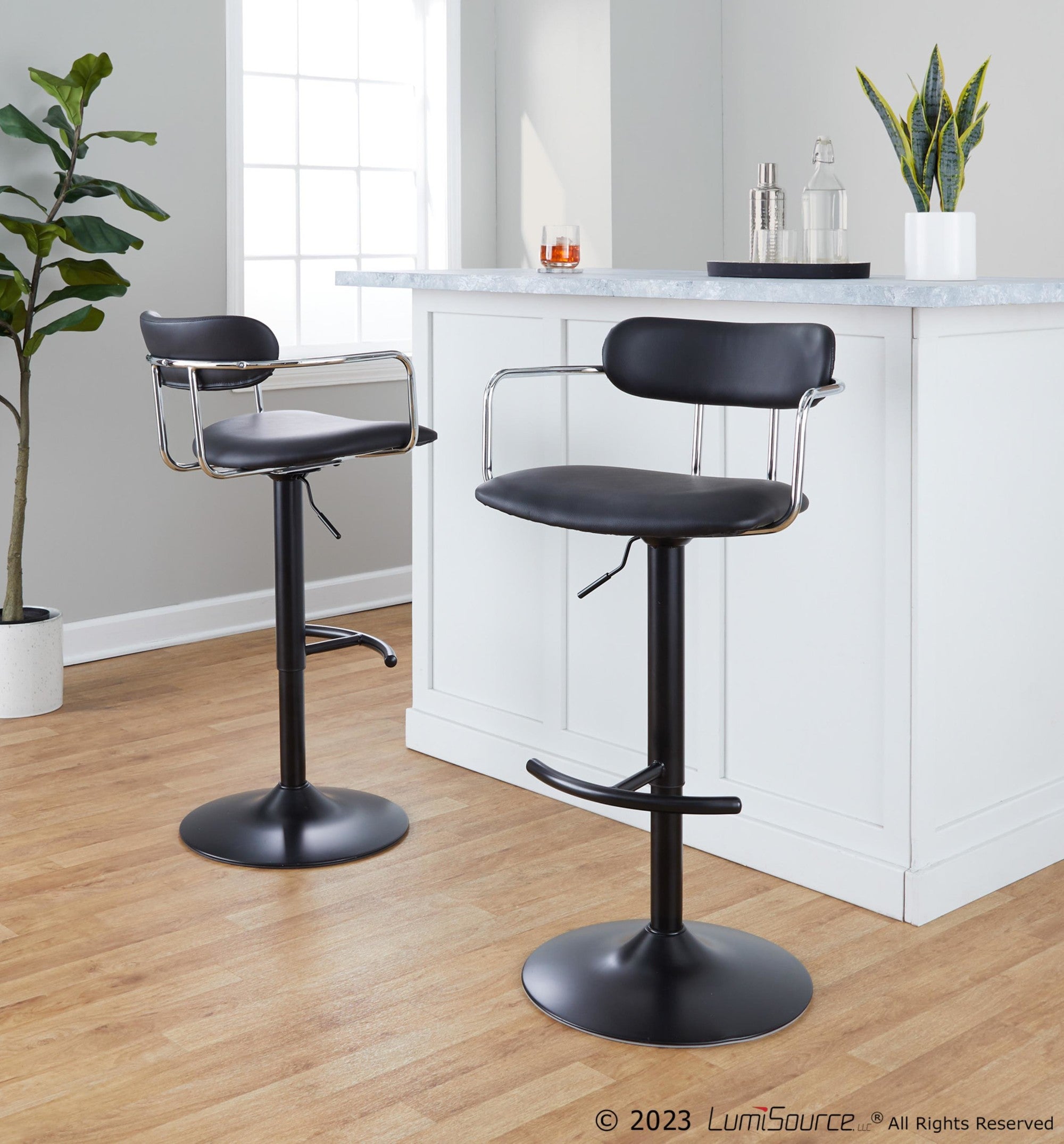 Demi Adjustable Barstool - Set of 2 - Black Metal, Chrome Metal, Black PU