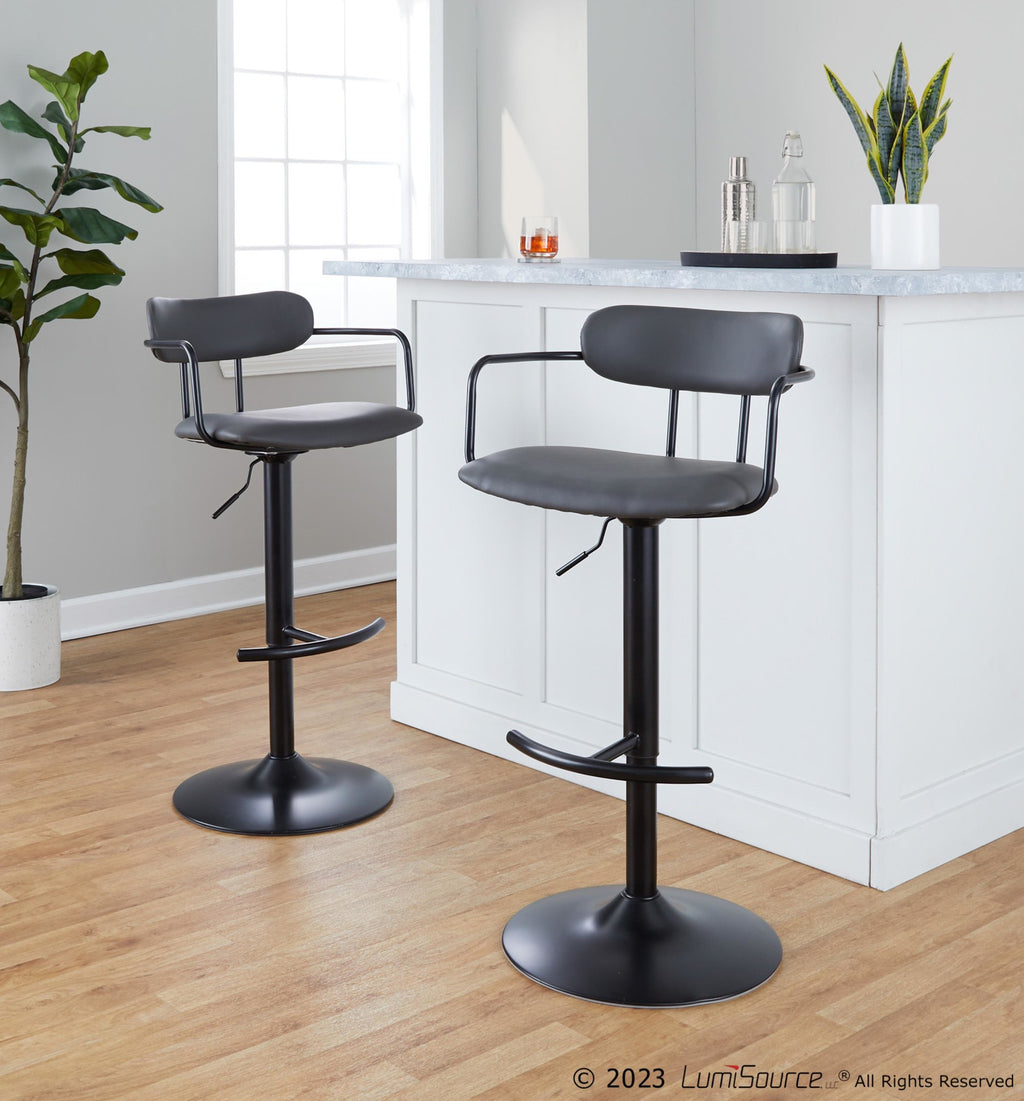 Demi Adjustable Barstool - Set of 2 - Black Metal, Grey PU
