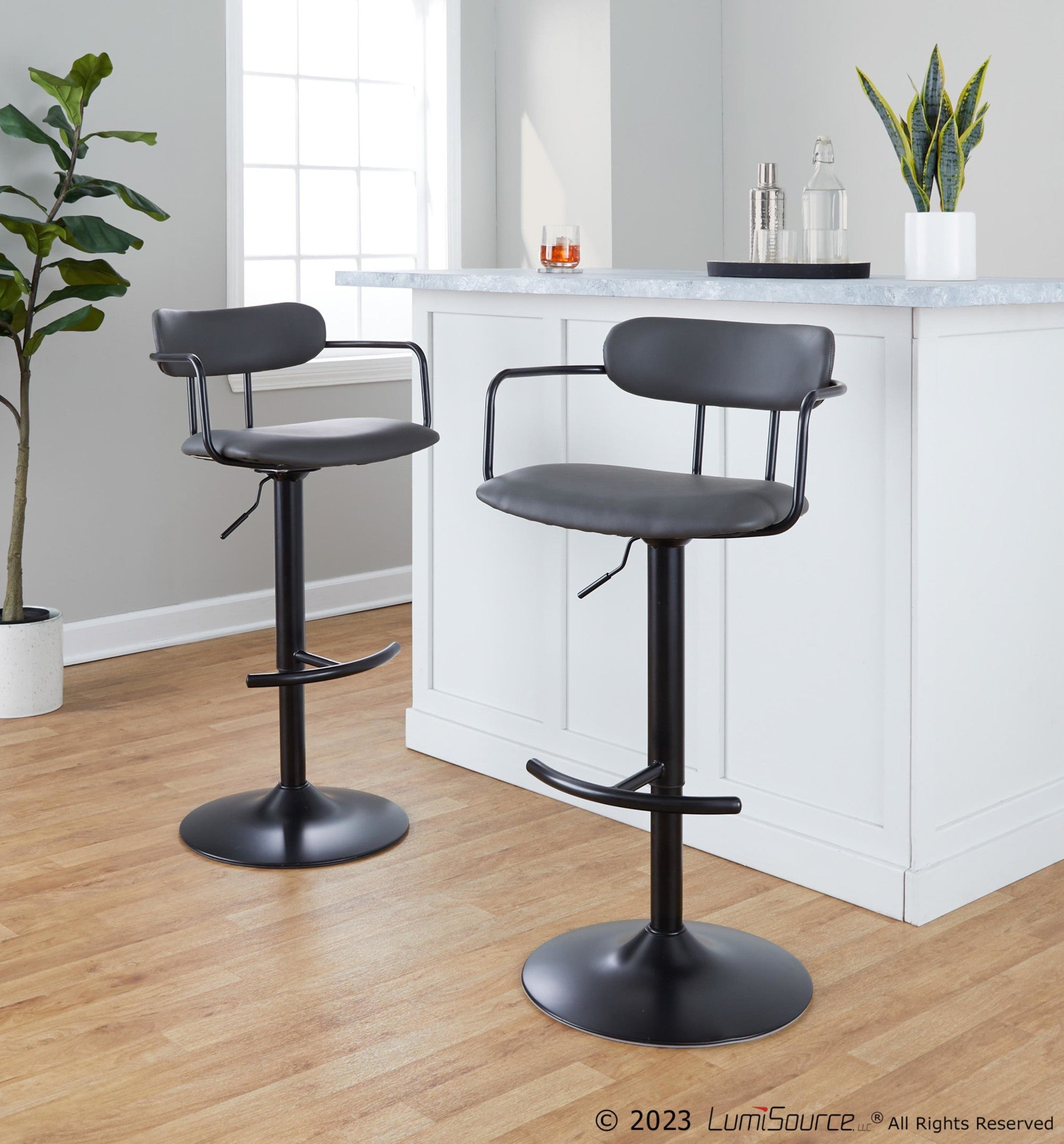 Demi Adjustable Barstool - Set of 2 - Black Metal, Grey PU