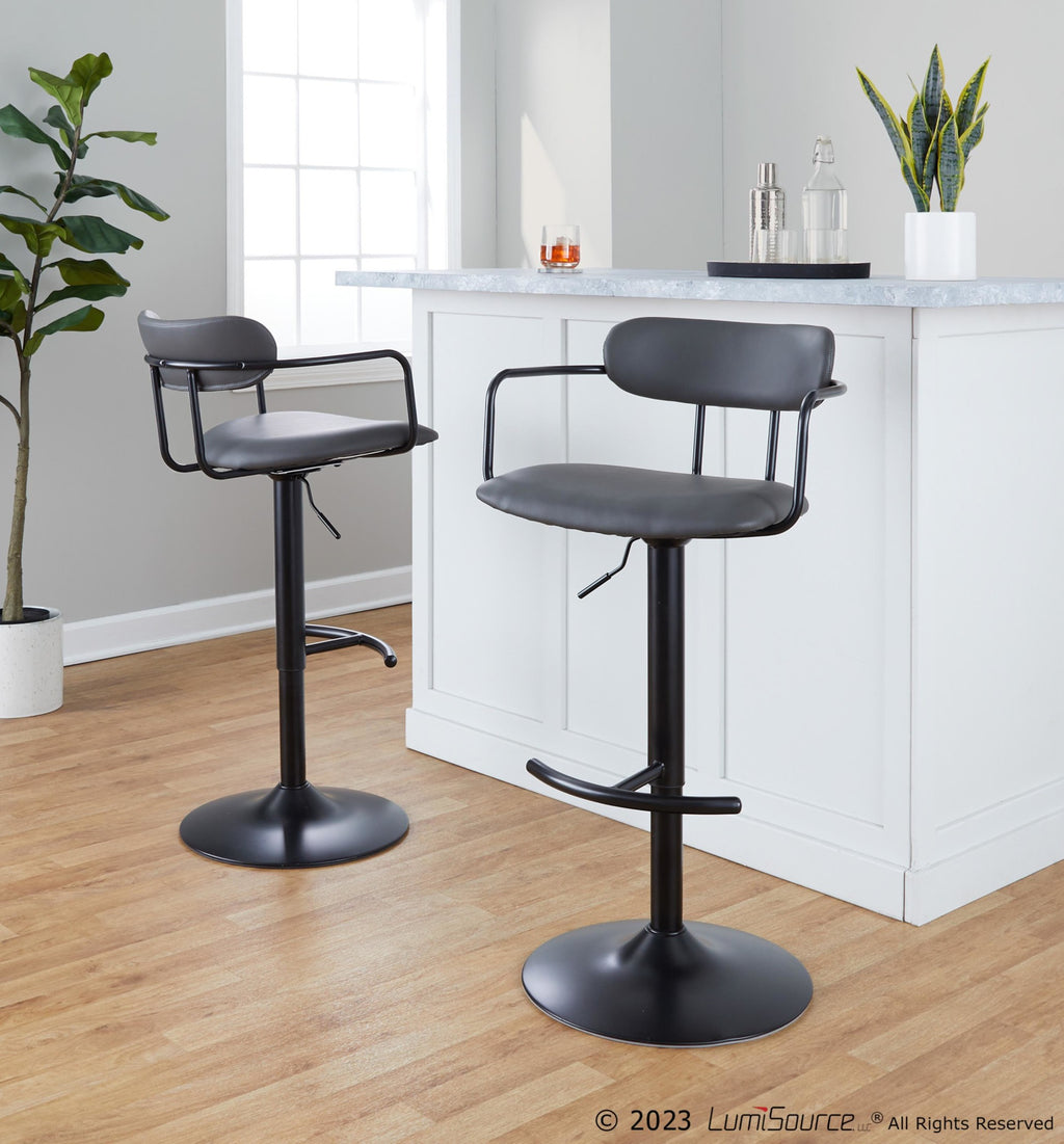 Demi Adjustable Barstool - Set of 2 - Black Metal, Grey PU