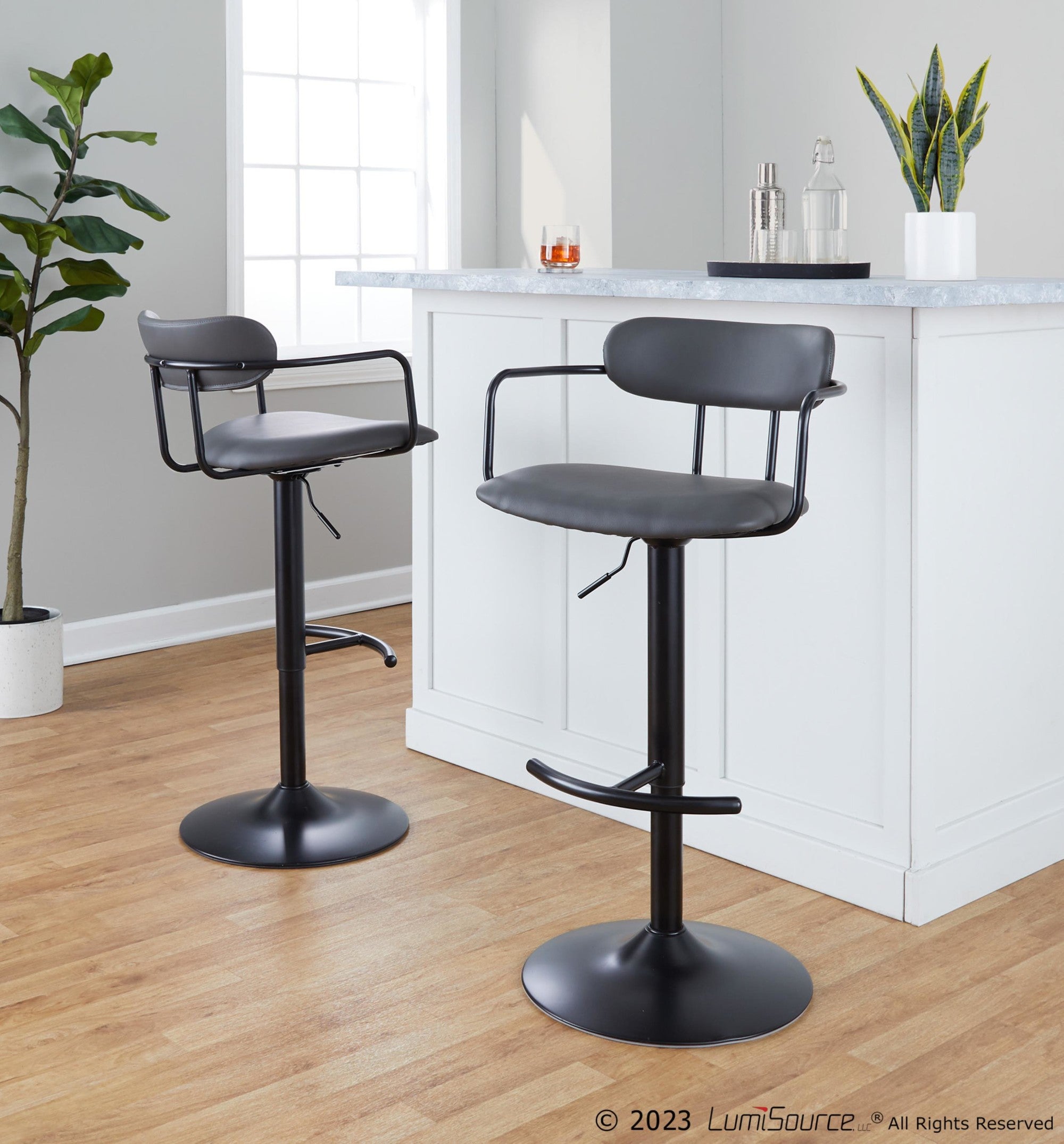 Demi Adjustable Barstool - Set of 2 - Black Metal, Grey PU