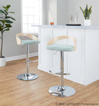 Grotto Adjustable Barstool - Set of 3 - Chrome Metal, Natural Wood, Light Green Fabric