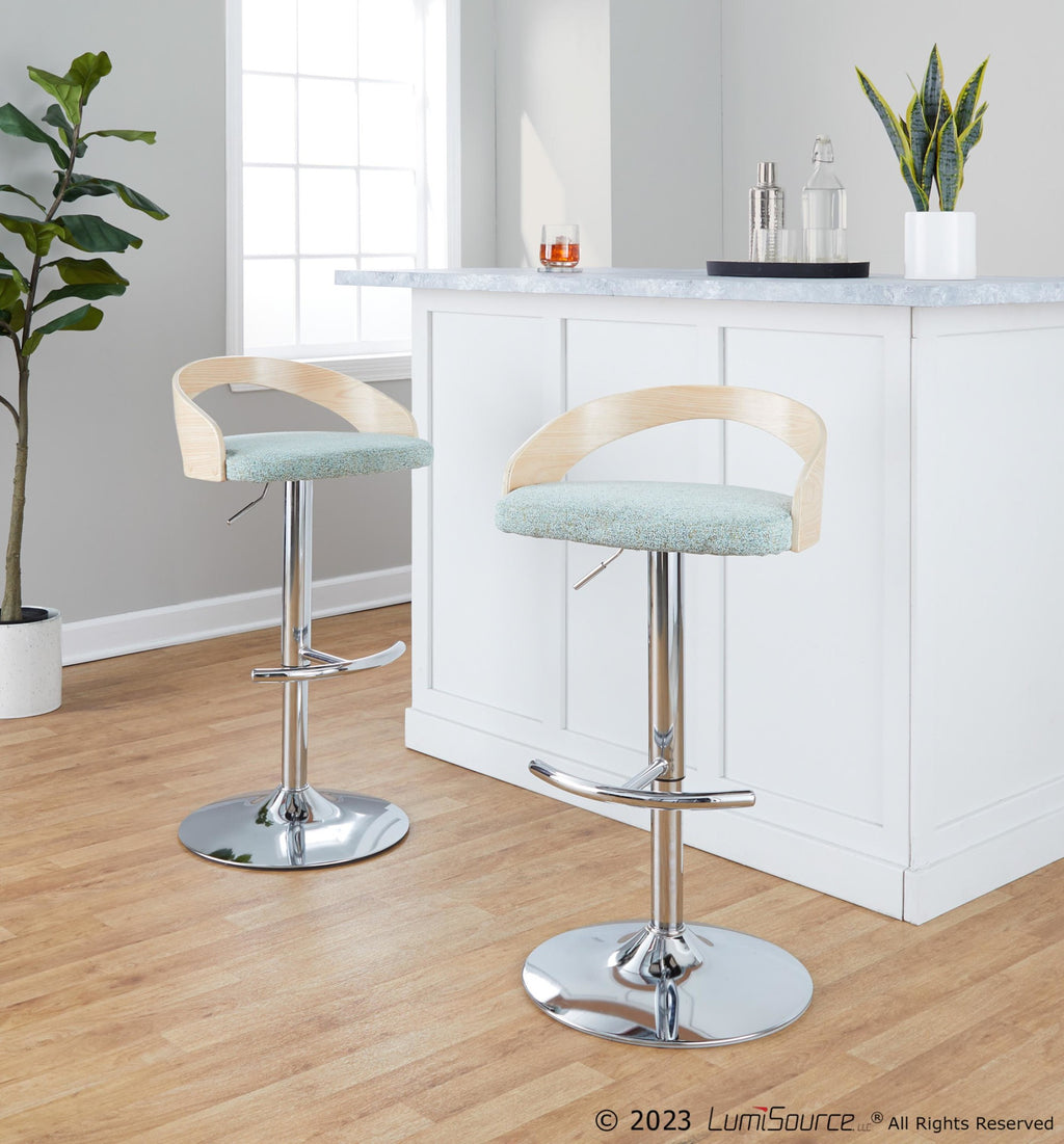Grotto Adjustable Barstool - Chrome Metal, Natural Wood, Light Green Fabric