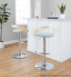 Grotto Adjustable Barstool - Chrome Metal, Natural Wood, Light Green Fabric