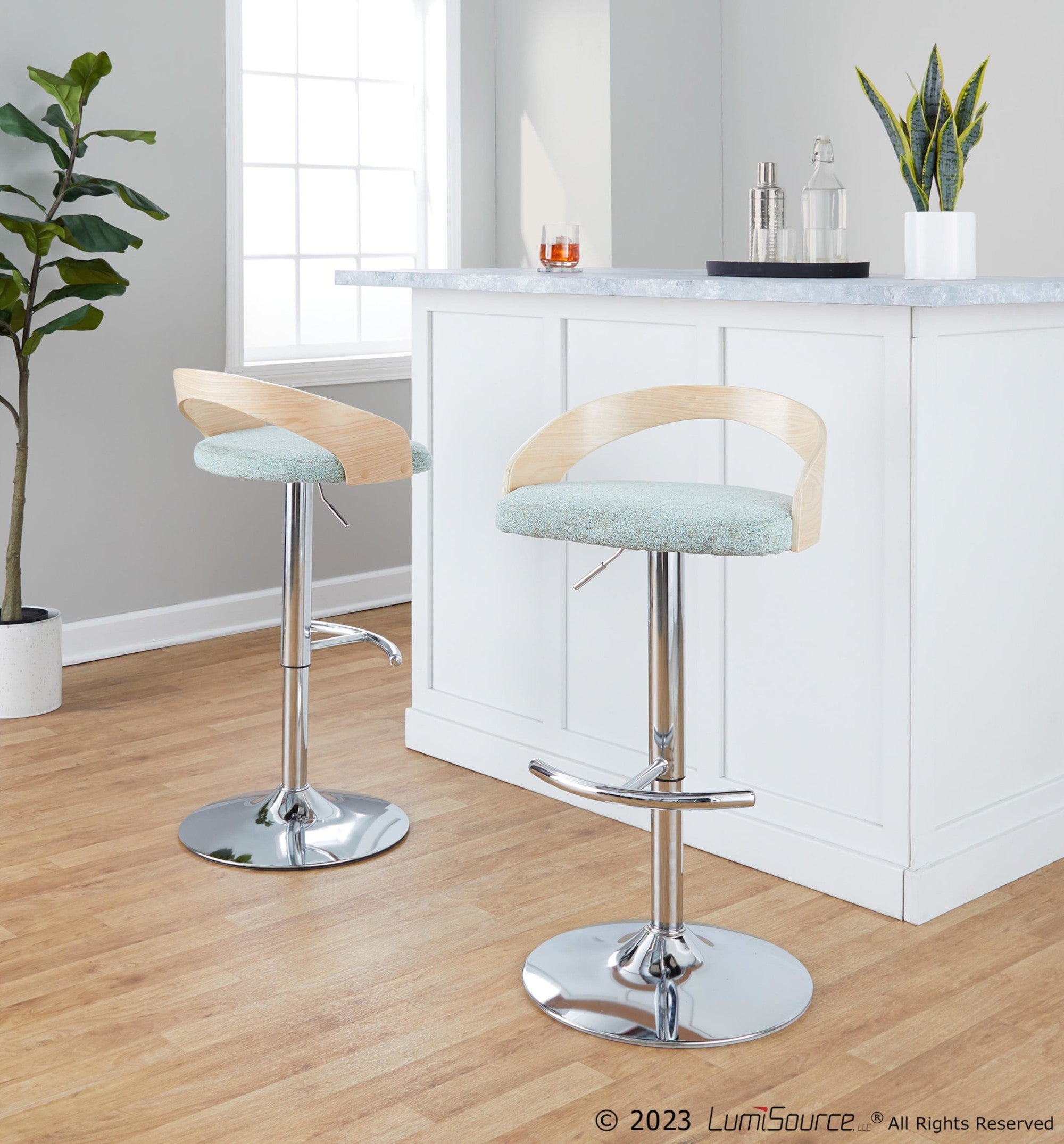 Grotto Adjustable Barstool - Chrome Metal, Natural Wood, Light Green Fabric