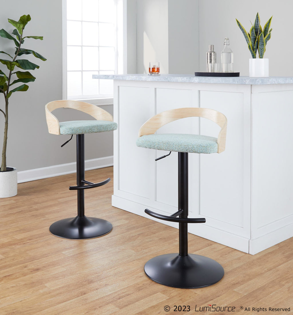 Grotto Adjustable Barstool - Set of 3 - Black Metal, Natural Wood, Light Green Fabric