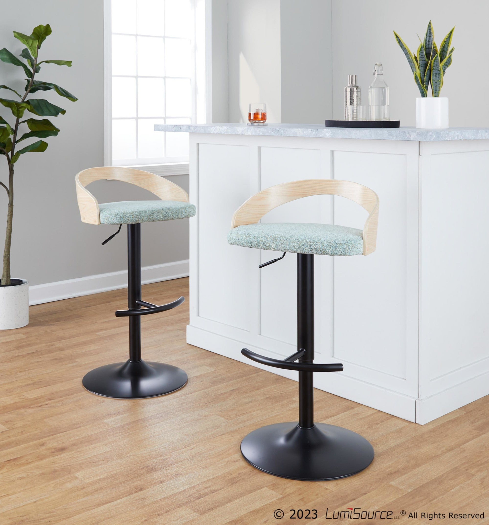 Grotto Adjustable Barstool - Black Metal, Natural Wood, Light Green Fabric