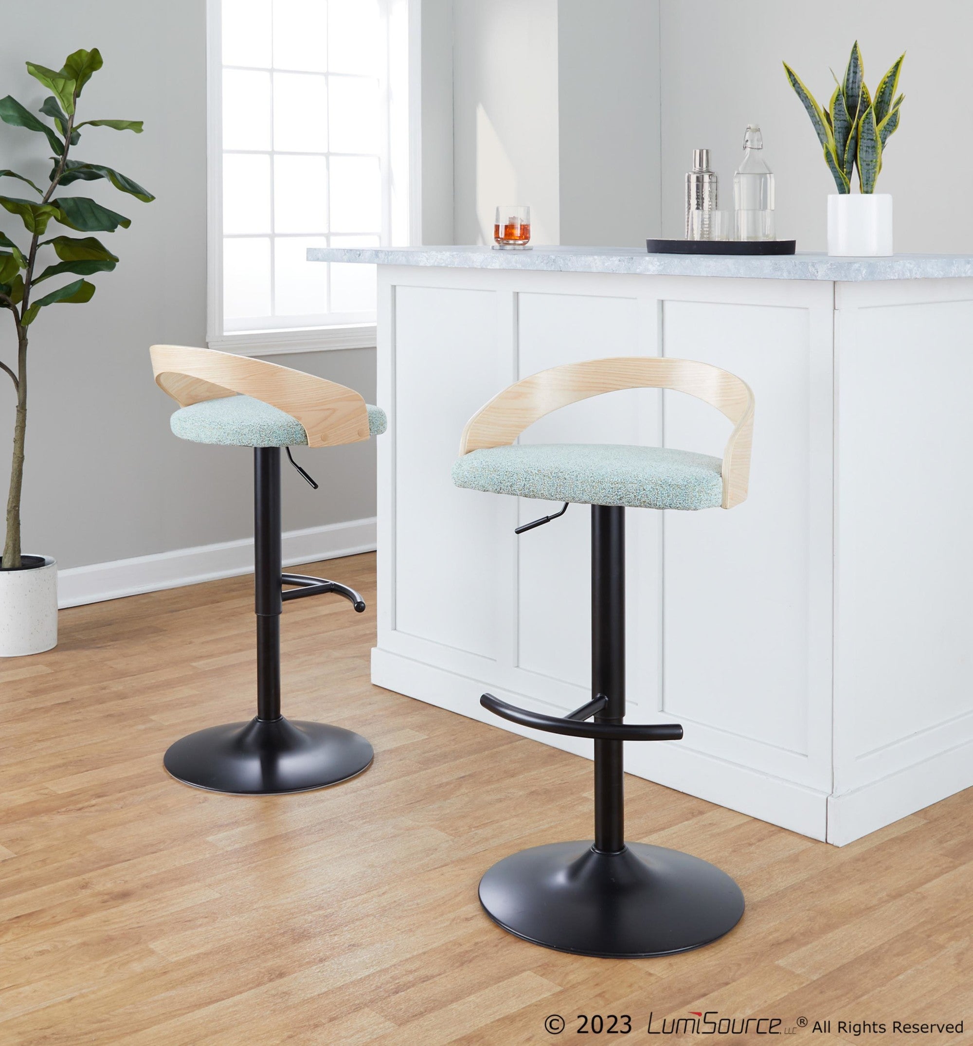 Grotto Adjustable Barstool - Set of 3 - Black Metal, Natural Wood, Light Green Fabric