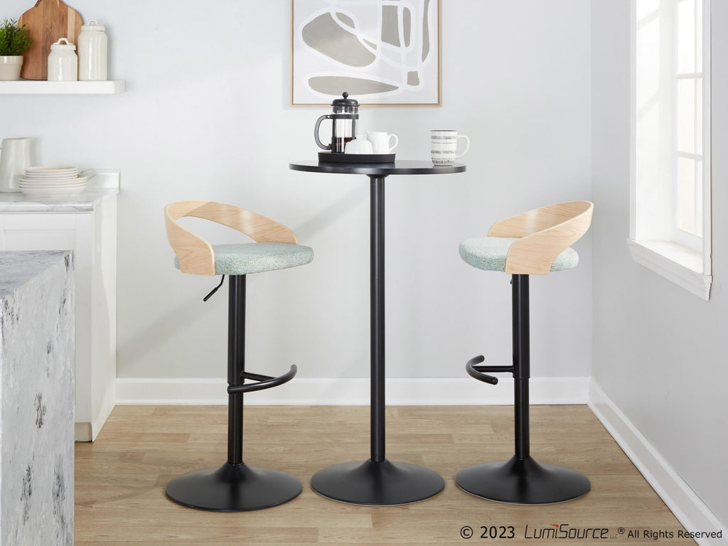 Grotto Adjustable Barstool - Set of 3 - Black Metal, Natural Wood, Light Green Fabric