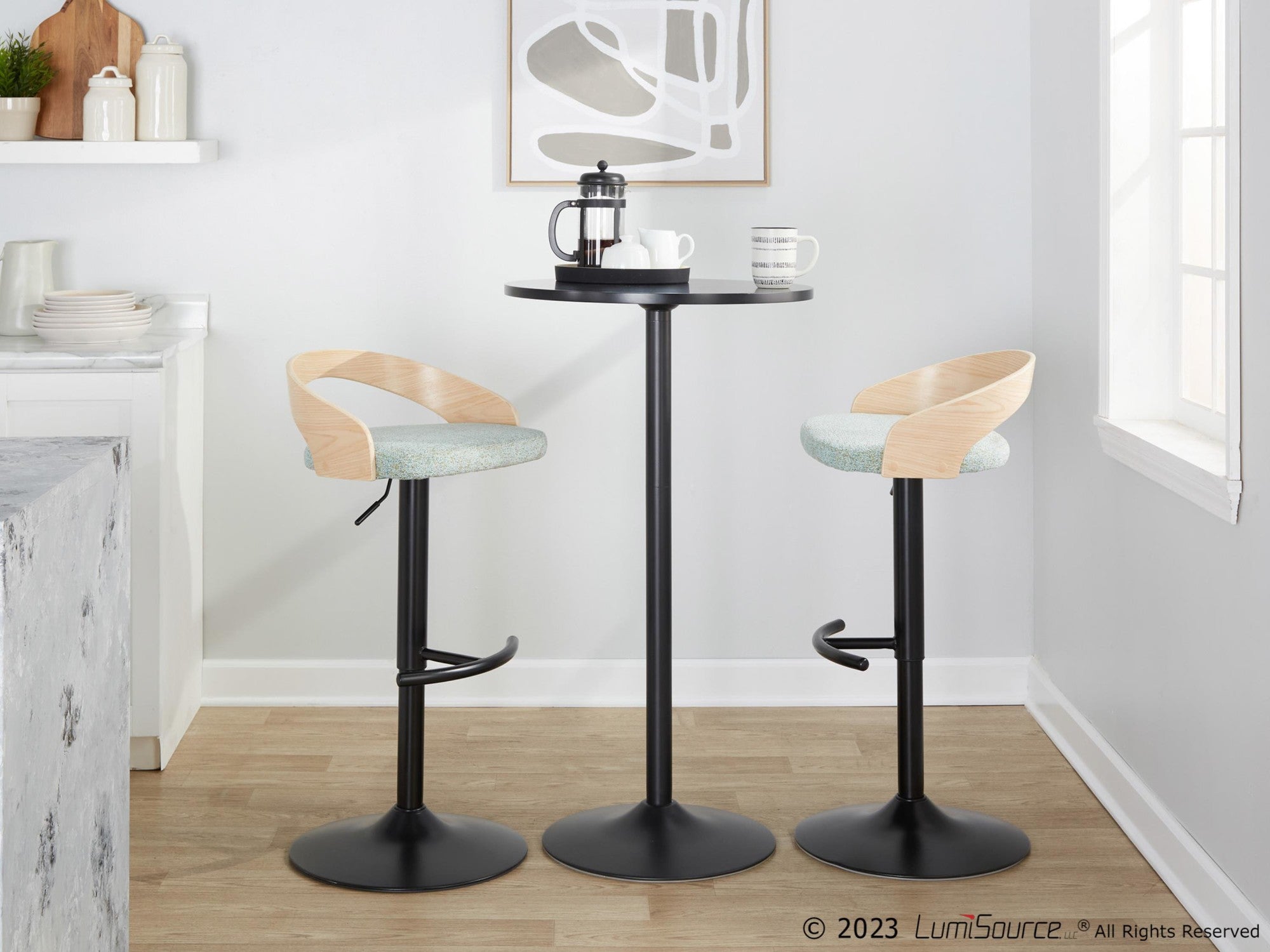 Grotto Adjustable Barstool - Set of 3 - Black Metal, Natural Wood, Light Green Fabric