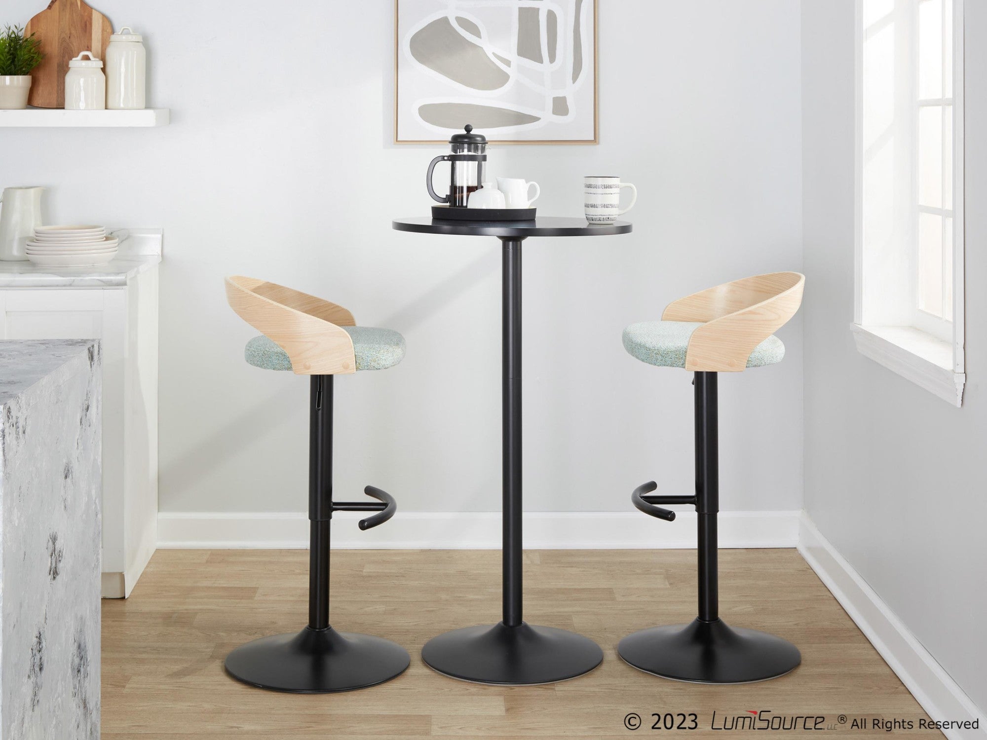 Grotto Adjustable Barstool - Set of 3 - Black Metal, Natural Wood, Light Green Fabric