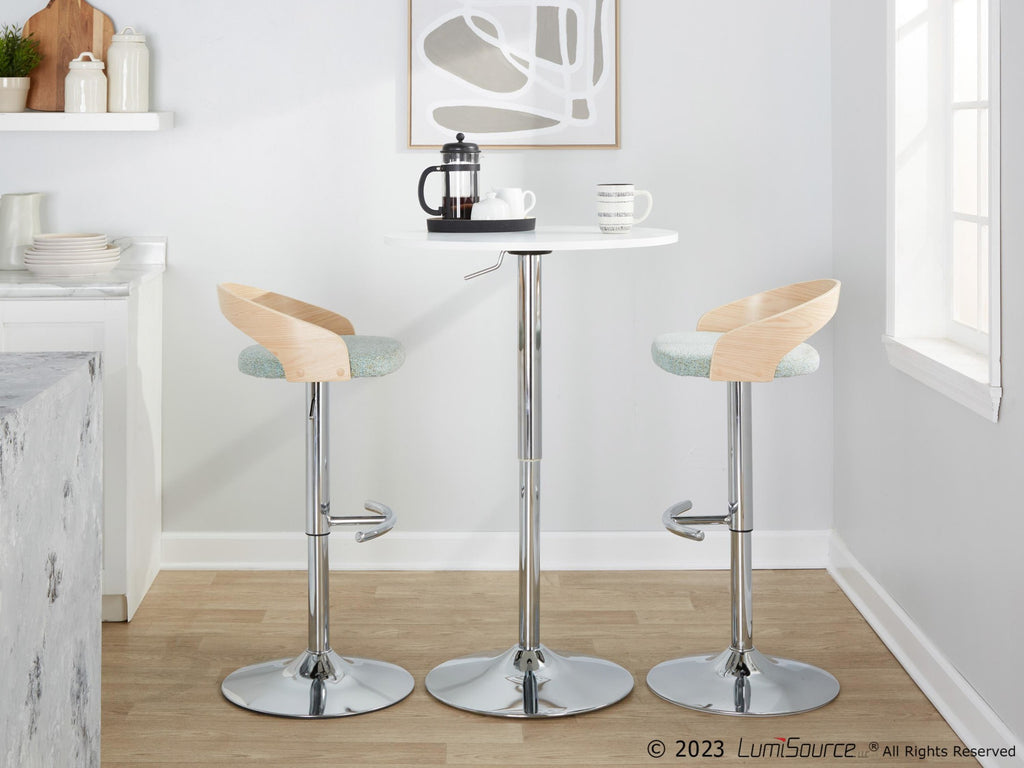 Grotto Adjustable Barstool - Set of 3 - Chrome Metal, Natural Wood, Light Green Fabric