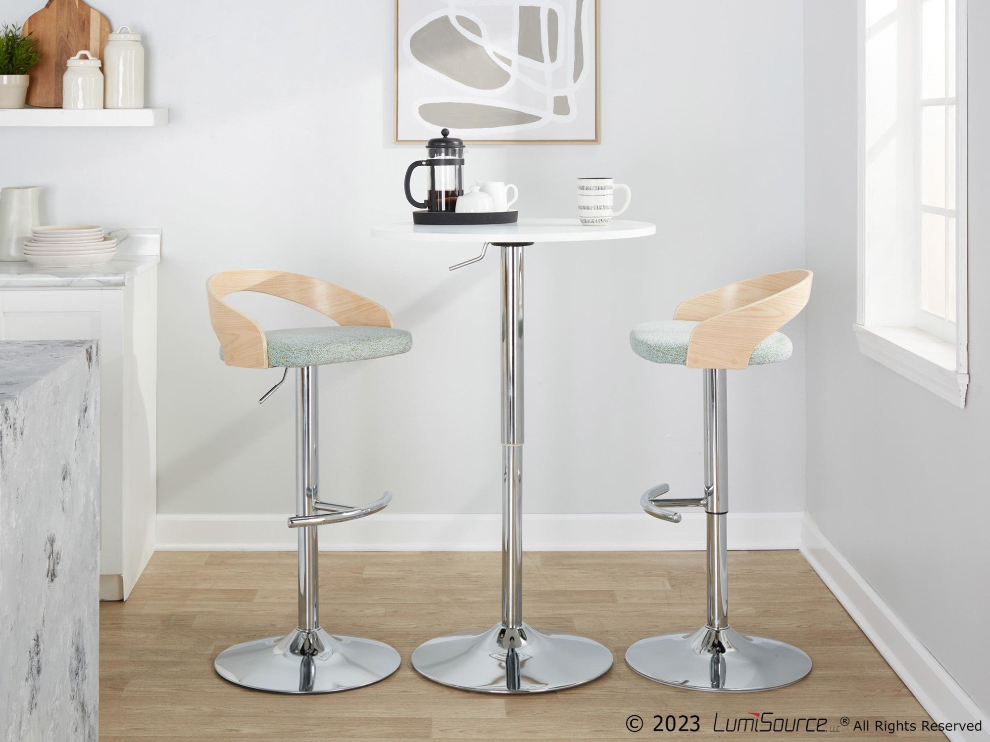 Grotto Adjustable Barstool - Set of 3 - Chrome Metal, Natural Wood, Light Green Fabric