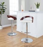 Grotto Adjustable Barstool - Set of 3 - Chrome Metal, Mahogany Wood, White PU