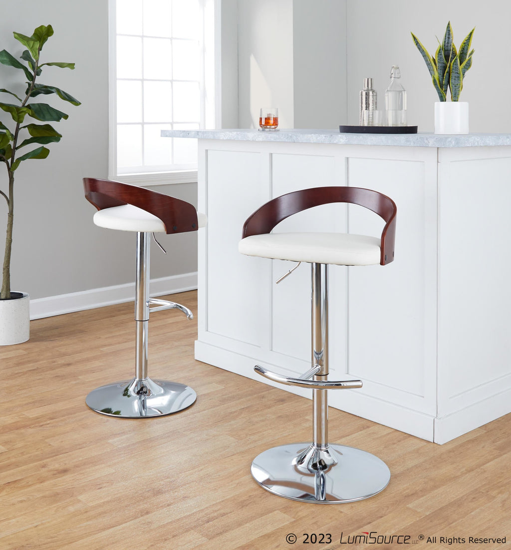 Grotto Adjustable Barstool - Chrome Metal, Mahogany Wood, White PU