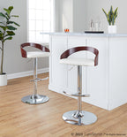 Grotto Adjustable Barstool - Set of 3 - Chrome Metal, Mahogany Wood, White PU