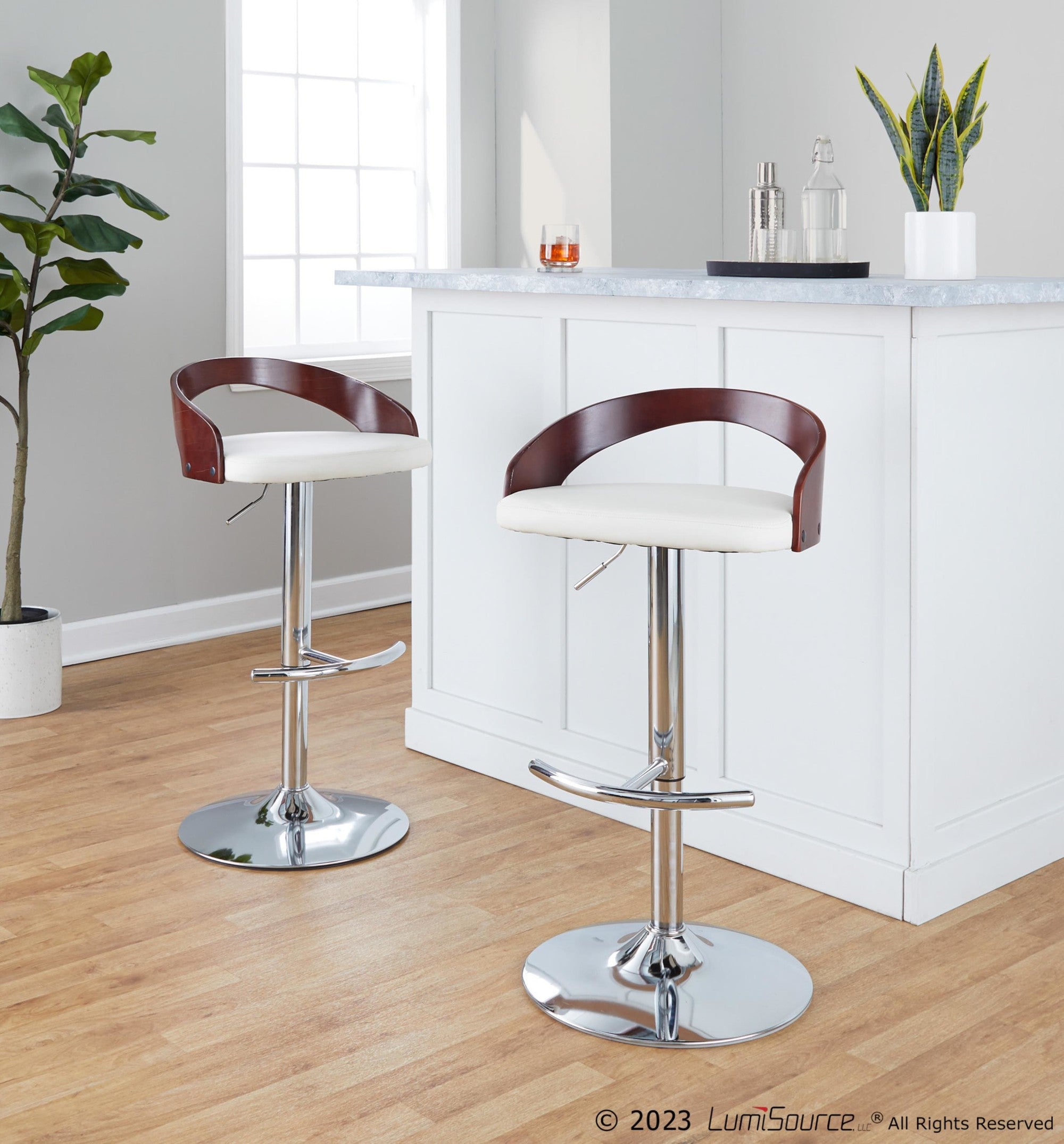 Grotto Adjustable Barstool - Set of 3 - Chrome Metal, Mahogany Wood, White PU