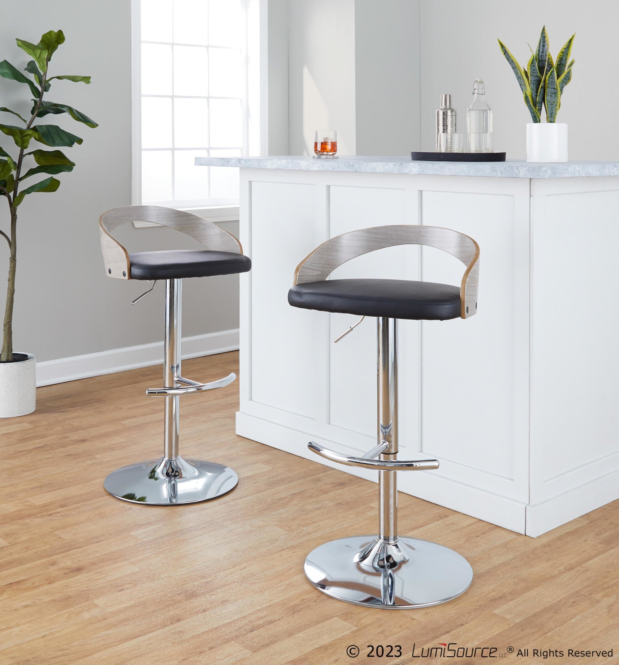 Grotto Adjustable Barstool - Chrome Metal, Light Grey Wood, Black PU
