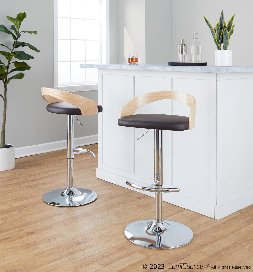Grotto Adjustable Barstool - Set of 3 - Chrome Metal, Natural Wood, Brown PU