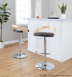 Grotto Adjustable Barstool - Chrome Metal, Natural Wood, Brown PU
