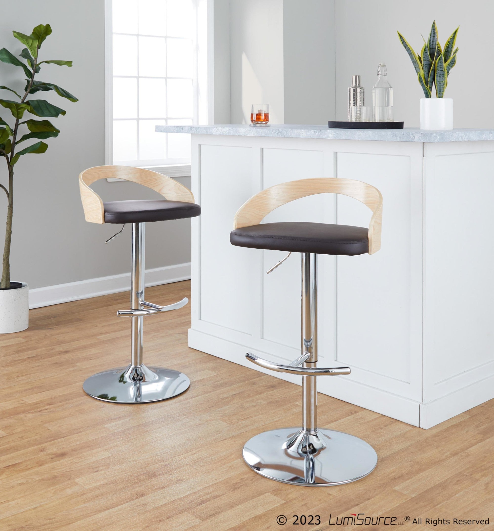 Grotto Adjustable Barstool - Chrome Metal, Natural Wood, Brown PU