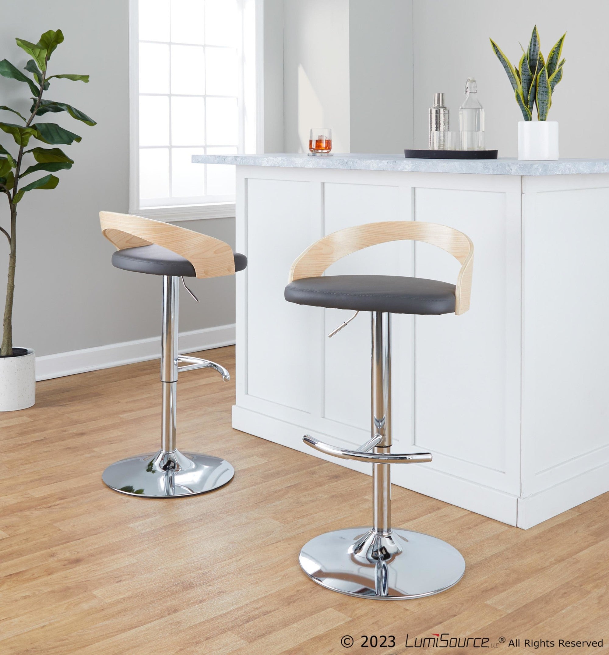 Grotto Adjustable Barstool - Set of 3 - Chrome Metal, Natural Wood, Grey PU