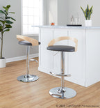 Grotto Adjustable Barstool - Chrome Metal, Natural Wood, Grey PU