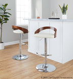 Grotto Adjustable Barstool - Set of 3 - Chrome Metal, Walnut Wood, Cream PU