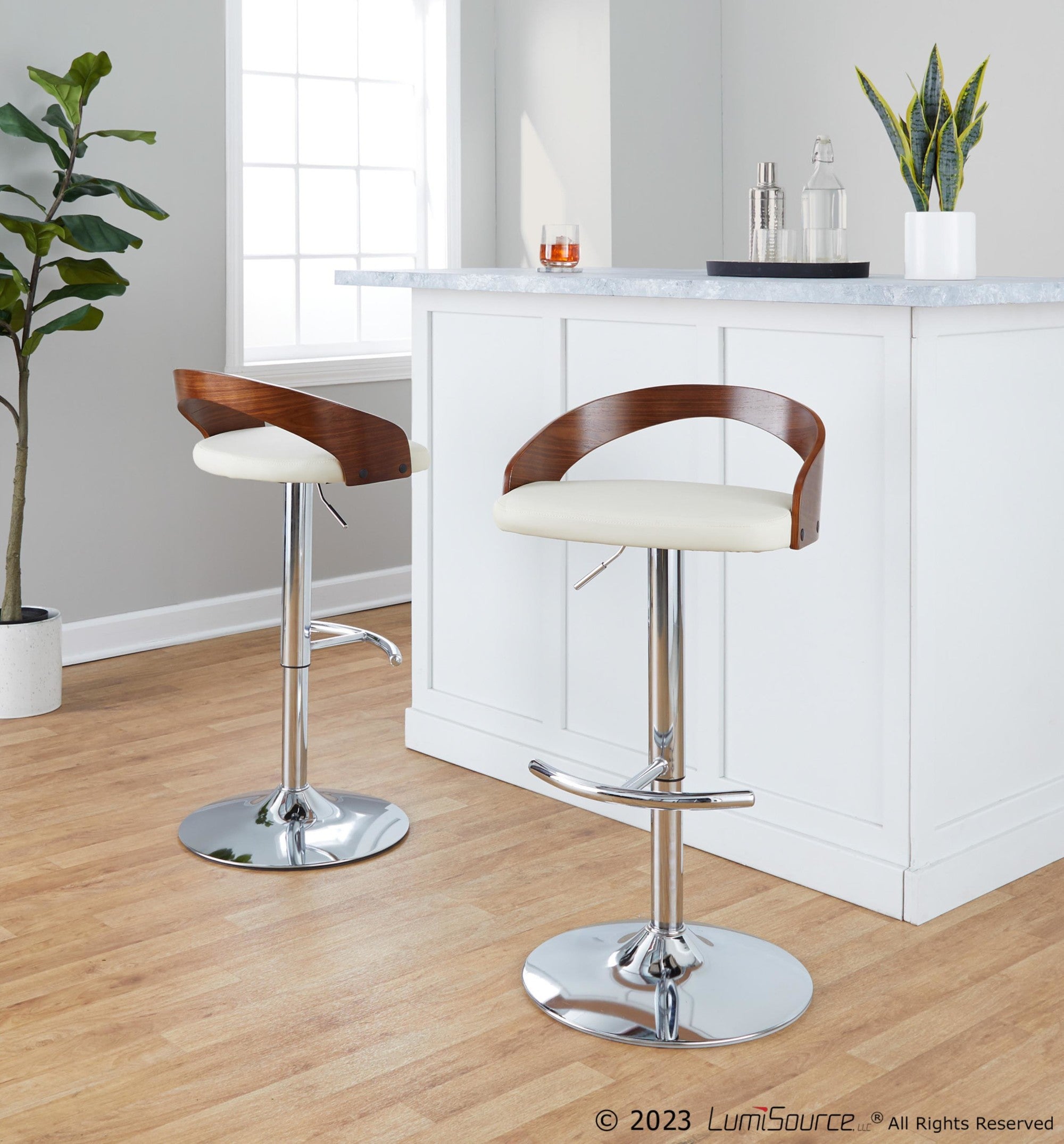 Grotto Adjustable Barstool - Chrome Metal, Walnut Wood, Cream PU