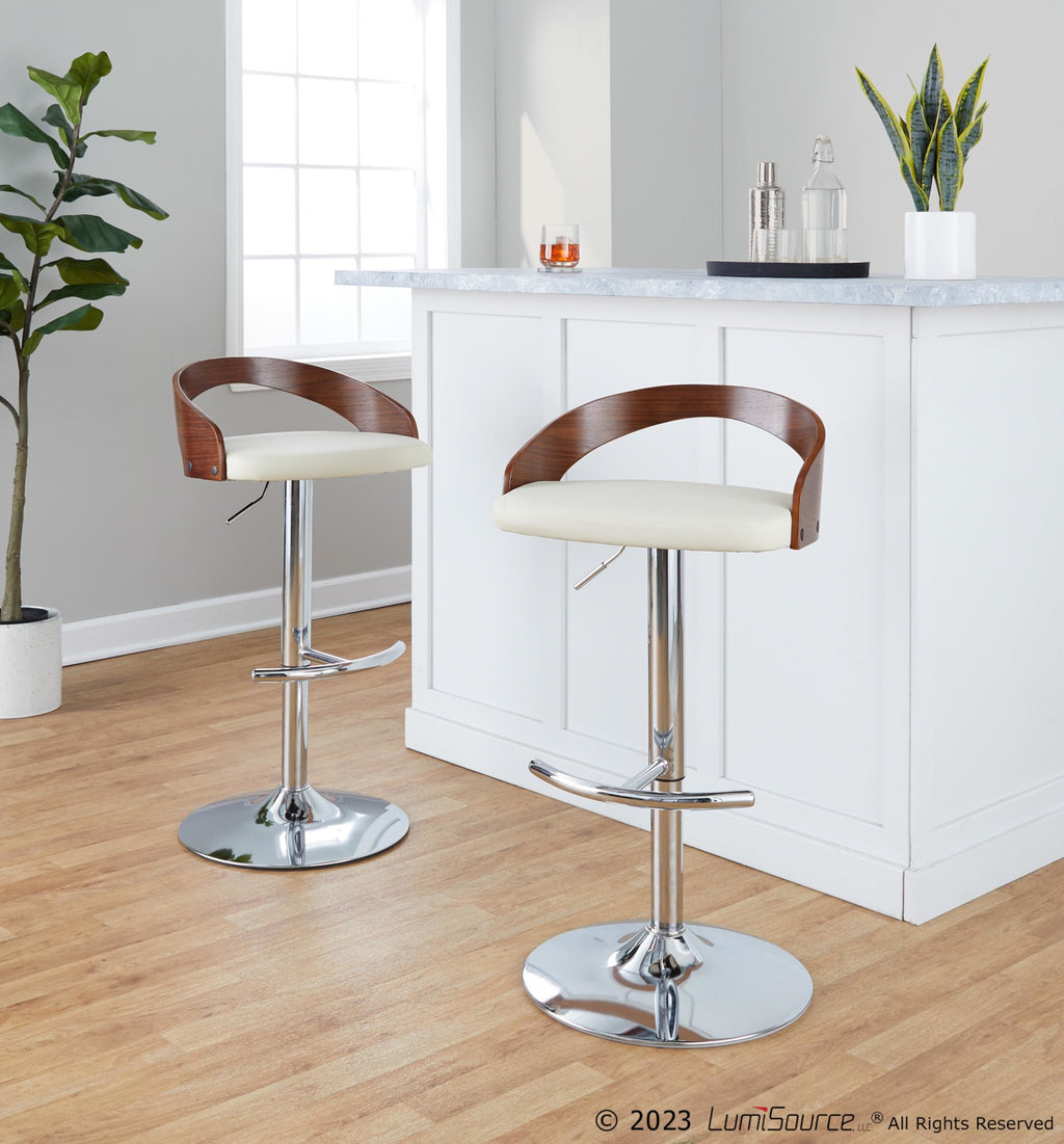 Grotto Adjustable Barstool - Set of 3 - Chrome Metal, Walnut Wood, Cream PU