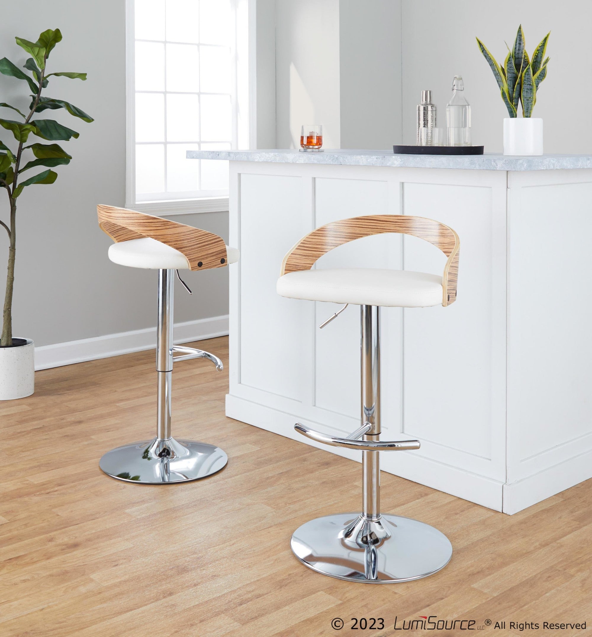 Grotto Adjustable Barstool - Chrome Metal, Zebra Wood, White PU