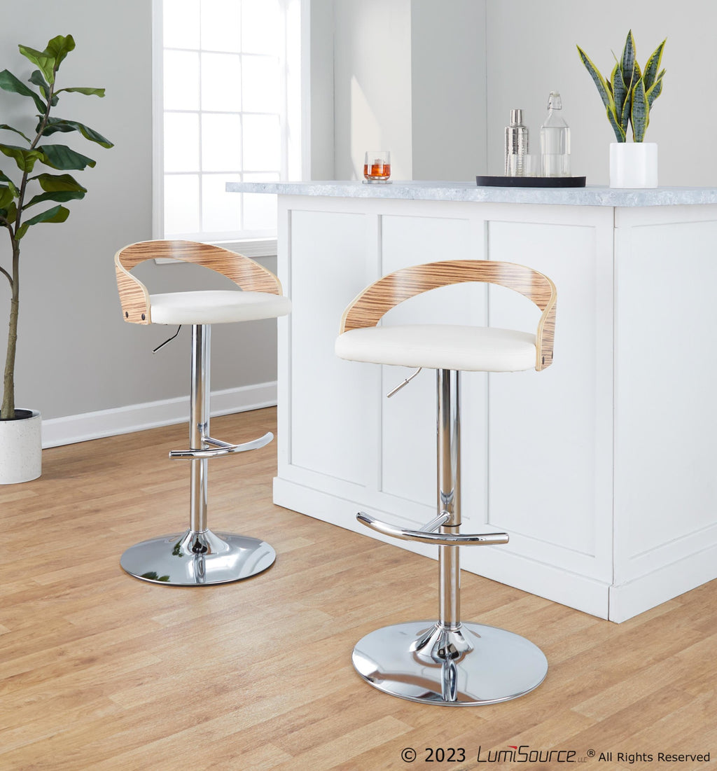 Grotto Adjustable Barstool - Set of 3 - Chrome Metal, Zebra Wood, White PU