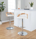Grotto Adjustable Barstool - Set of 3 - Chrome Metal, Zebra Wood, White PU