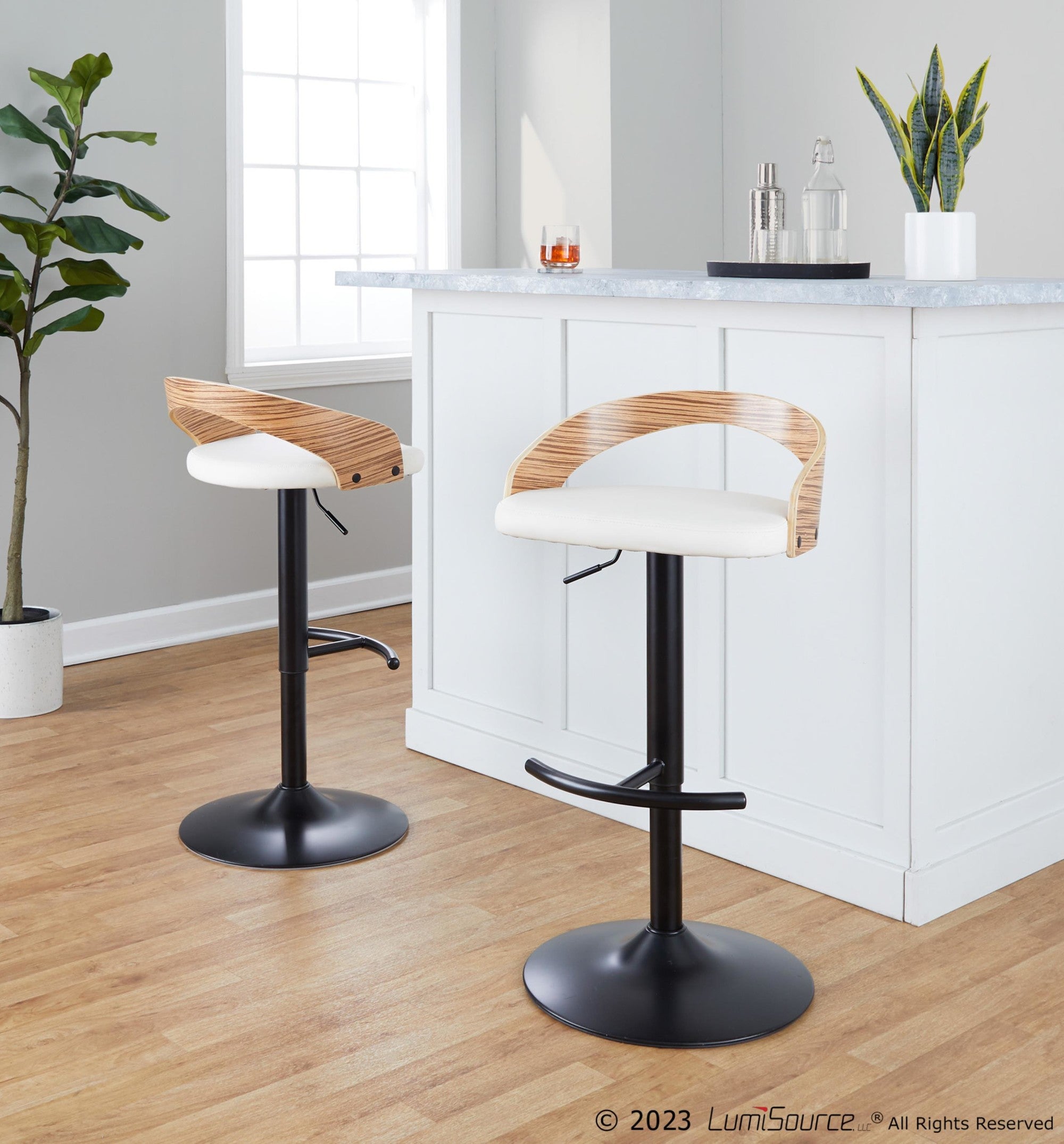 Grotto Adjustable Barstool - Set of 3 - Black Metal, Zebra Wood, White PU