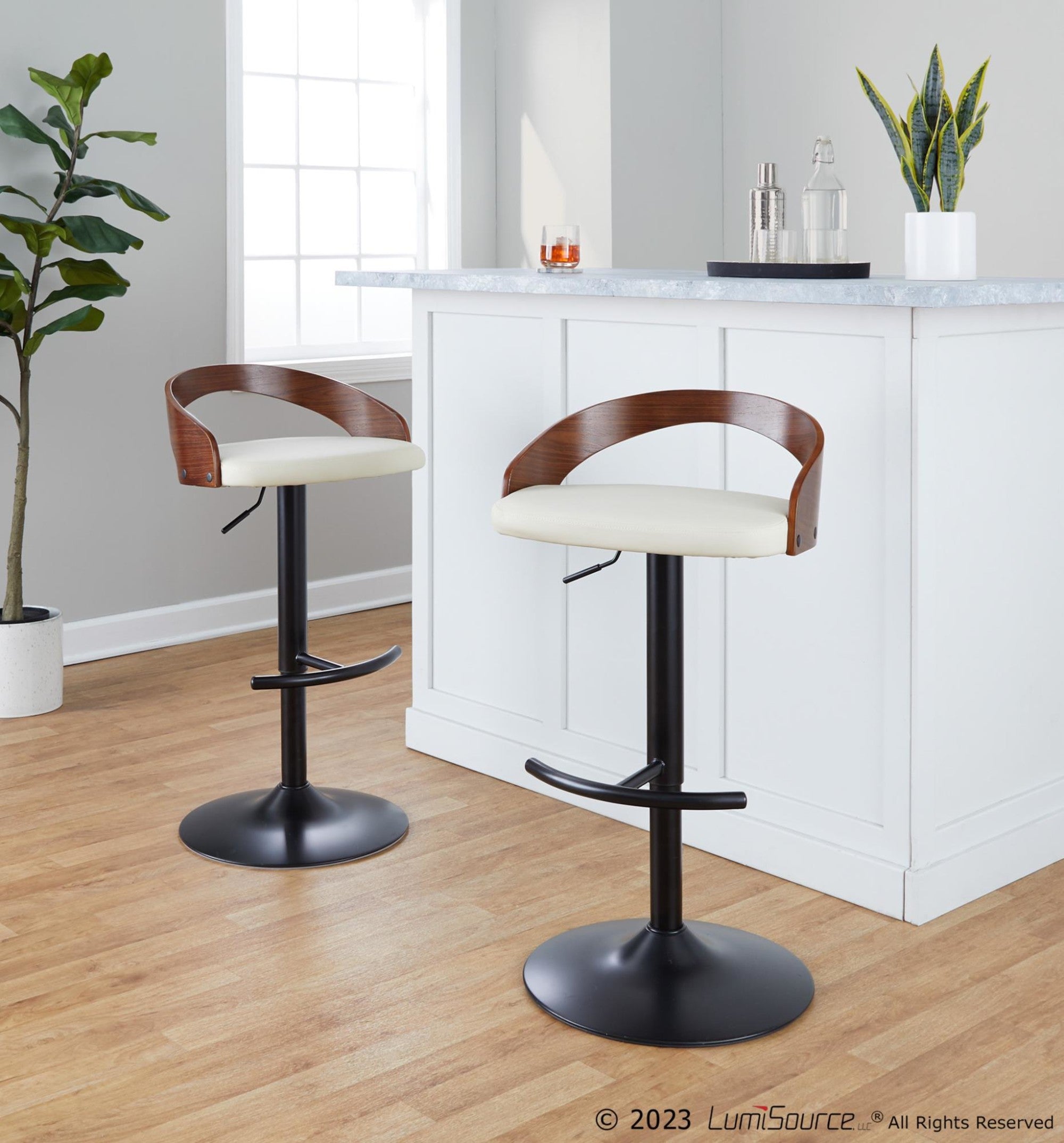 Grotto Adjustable Barstool - Set of 3 - Black Metal, Walnut Wood, Cream PU