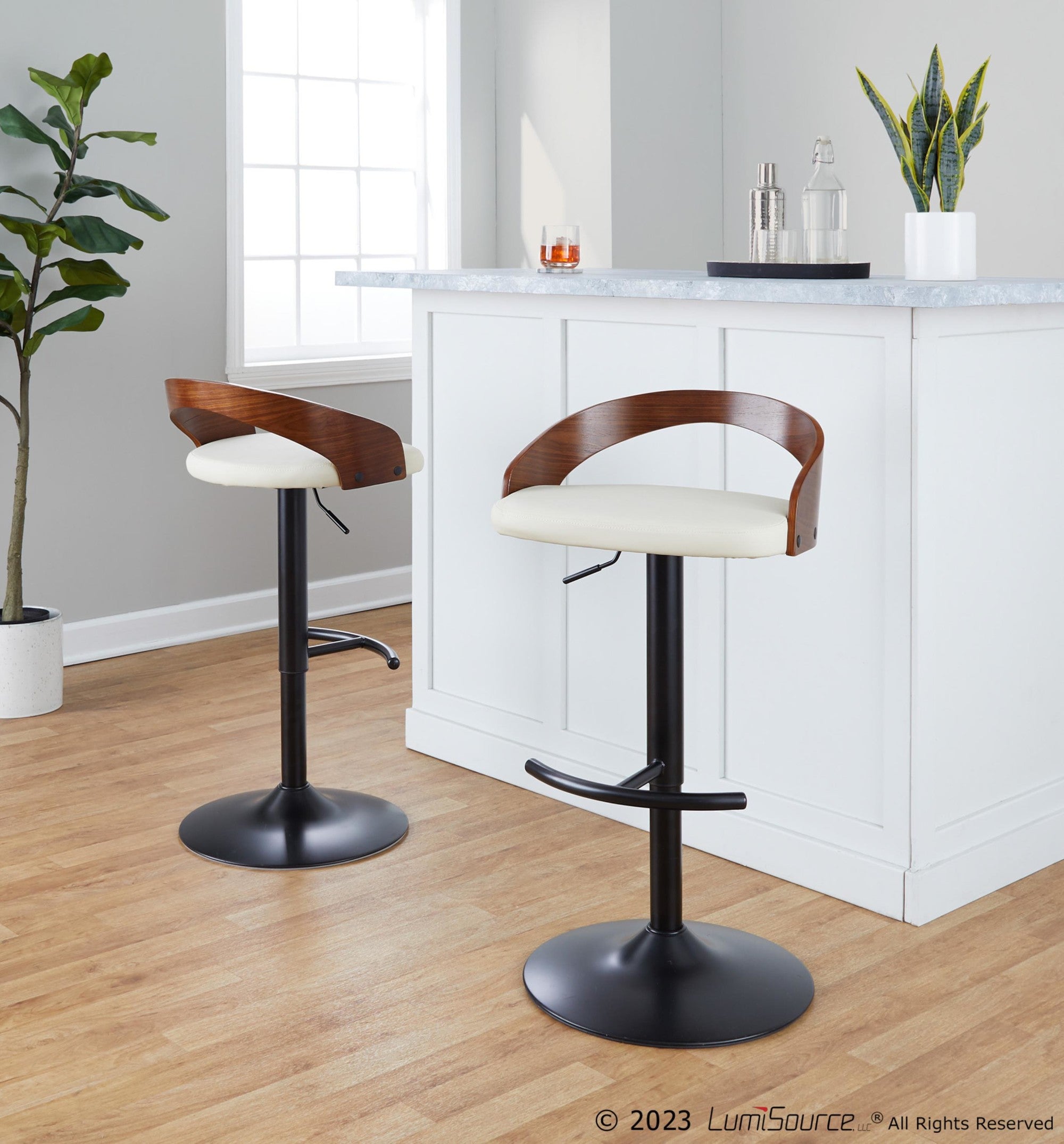 Grotto Adjustable Barstool - Black Metal, Walnut Wood, Cream PU