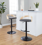 Grotto Adjustable Barstool - Black Metal, Natural Wood, Grey PU