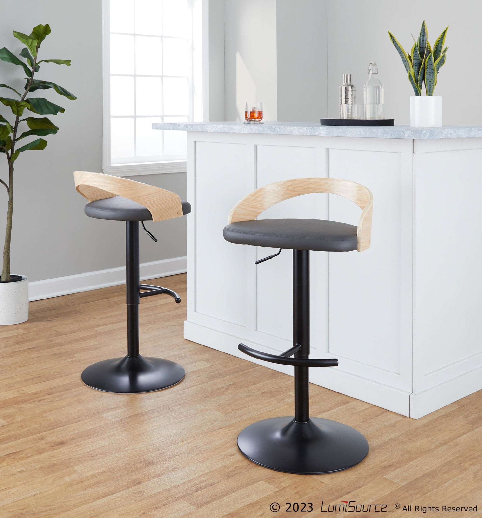 Grotto Adjustable Barstool - Black Metal, Natural Wood, Grey PU