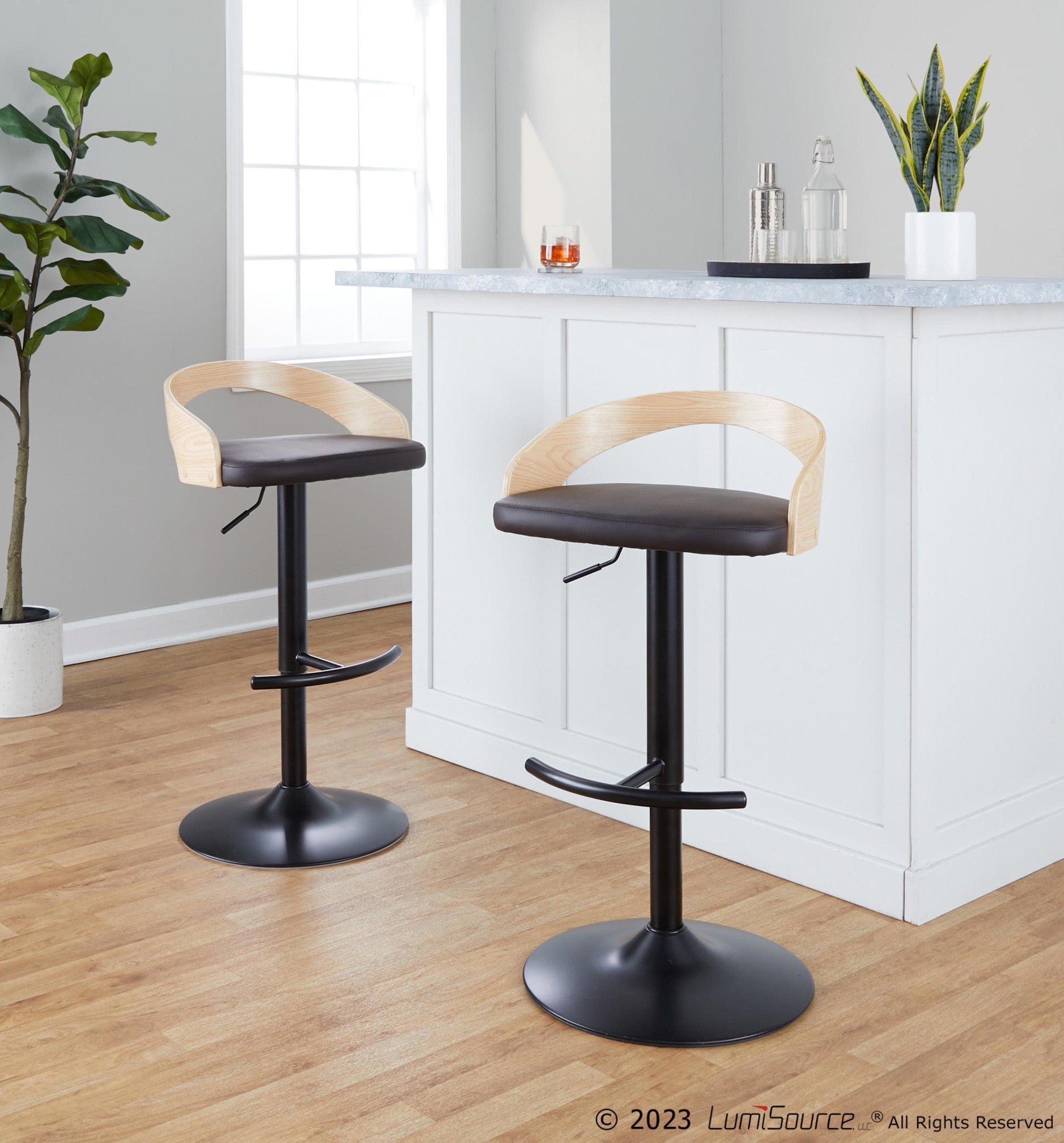 Grotto Adjustable Barstool - Set of 3 - Black Metal, Natural Wood, Brown PU