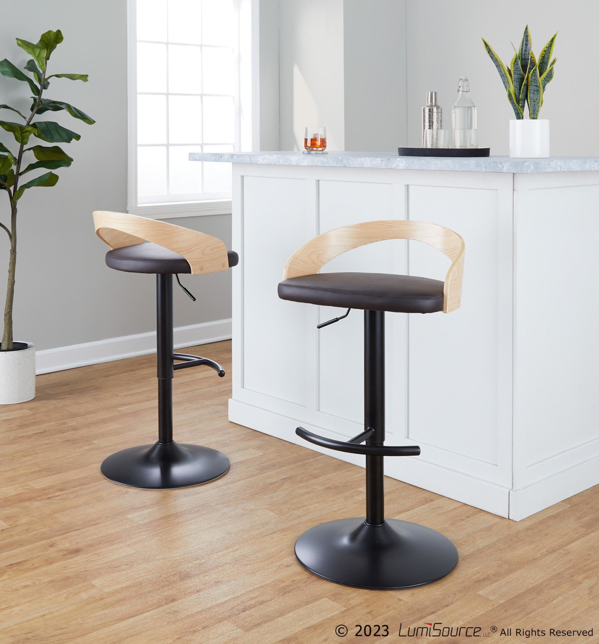 Grotto Adjustable Barstool - Black Metal, Natural Wood, Brown PU
