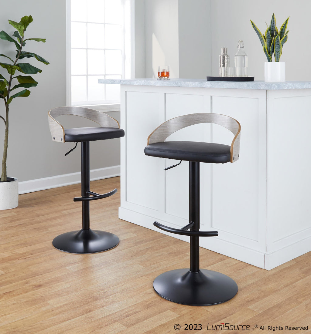Grotto Adjustable Barstool - Set of 3 - Black Metal, Light Grey Wood, Black PU