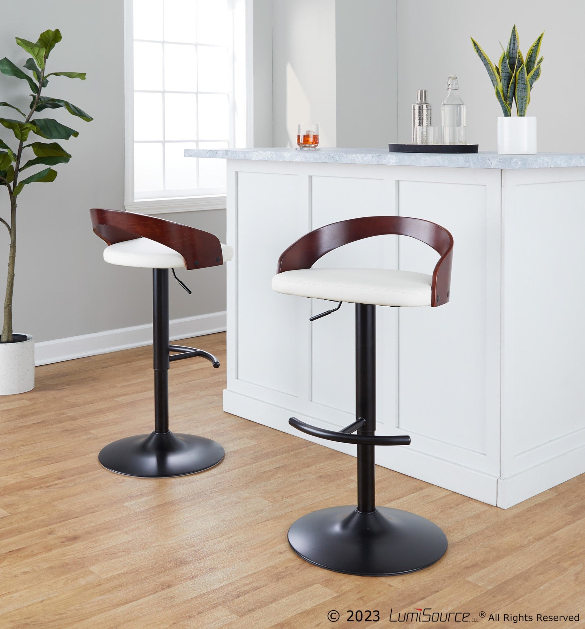 Grotto Adjustable Barstool - Set of 3 - Black Metal, Mahogany Wood, White PU