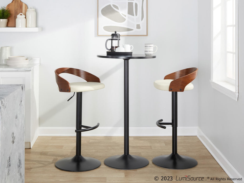 Grotto Adjustable Barstool - Set of 3 - Black Metal, Walnut Wood, Cream PU