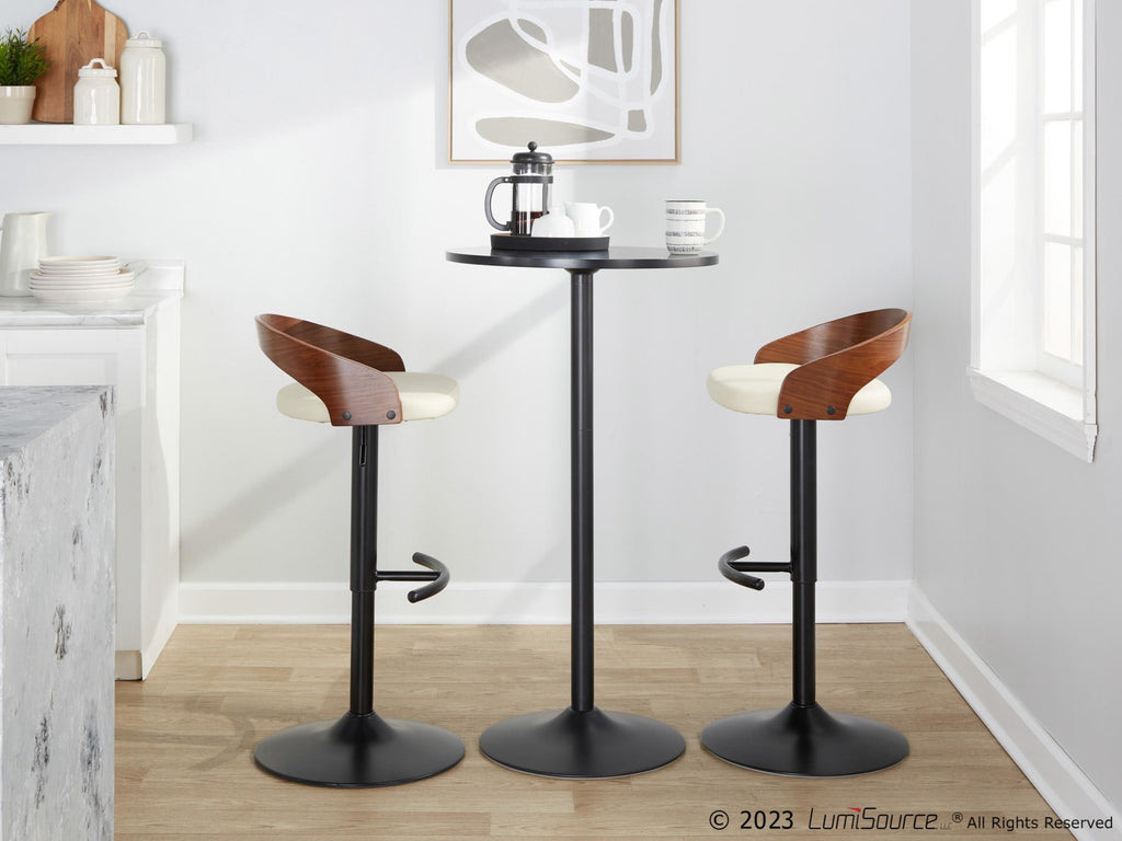 Grotto Adjustable Barstool - Black Metal, Walnut Wood, Cream PU