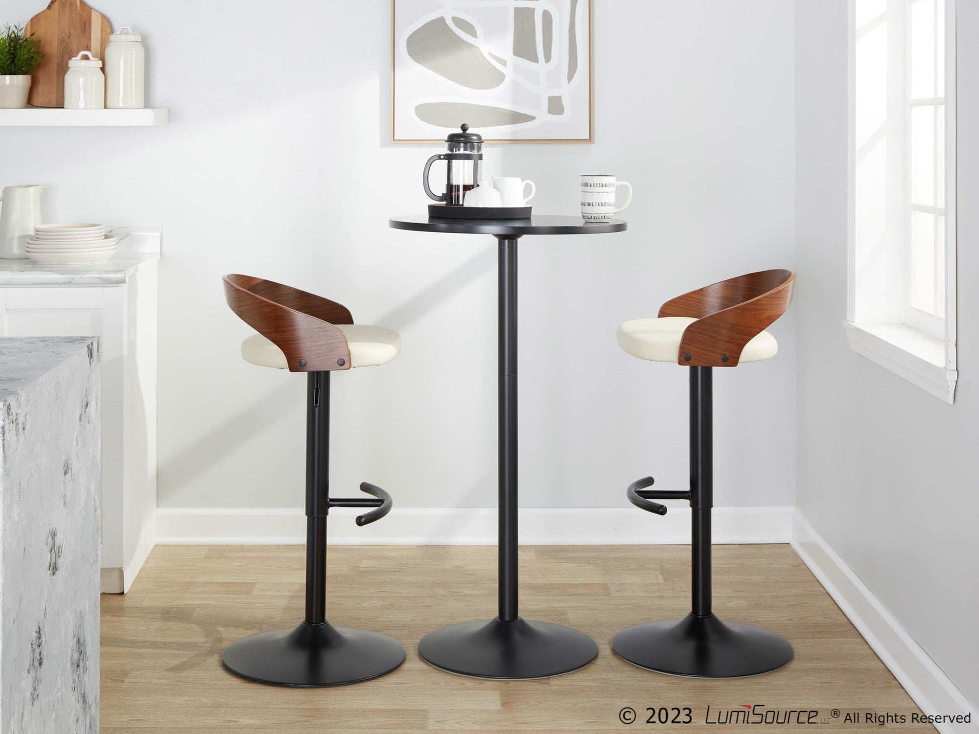 Grotto Adjustable Barstool - Black Metal, Walnut Wood, Cream PU